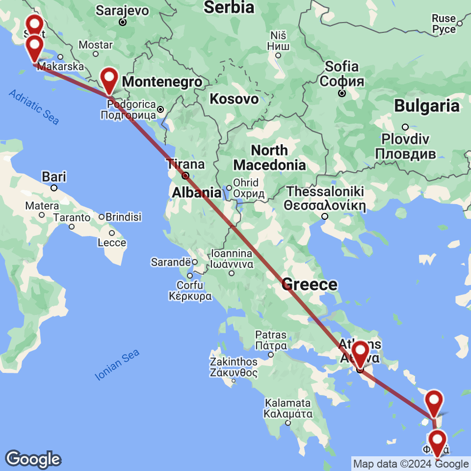 Route for Split, Hvar, Dubrovnik, Athens, Naxos, Santorini tour